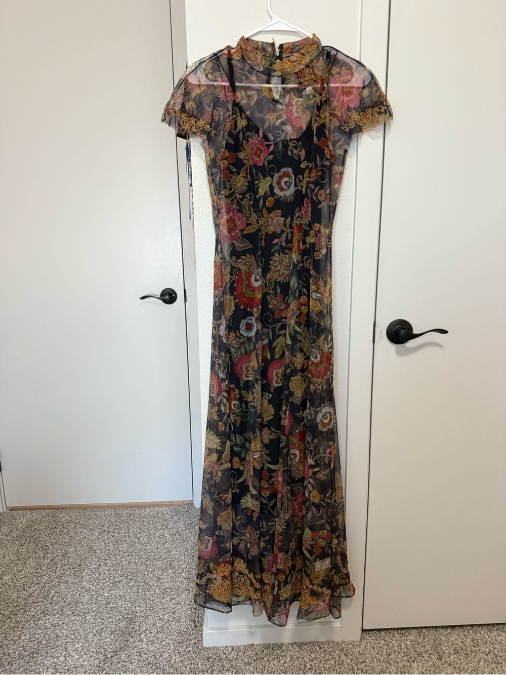 Sheer Black Floral Maxi Dress with Ruffle Collar